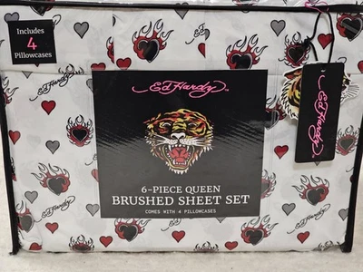 Ed Hardy Queen 6pc Sheet Set Burning Black Hearts New In Package - Image 1 of 2