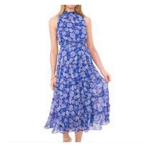 MSK Womens Sleeveless V-Neck Smocked Tiered Maxi Dress LARGE Blue Floral - Picture 1 of 13