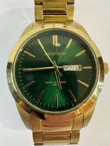 Armitron Men's Watch 20-5456GP Green Dial Day Date Quartz Gold Steel 39mm New BA - Picture 1 of 6
