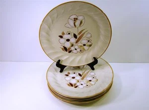 6 DINNER PLATES FELICITY HEARTHSIDE STONEWARE SCULPTURA LINE BROWN WHITE FLOWER* - Picture 1 of 1