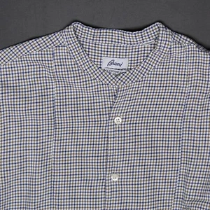 Brioni Popover Shirt Mens L Blue White Brown Check Cotton Long Sleeve Italy - Picture 1 of 7