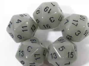 NUOVO Set di dadi RPG da 5 D20 - Gelo (brillante al buio) Grigio - Foto 1 di 4