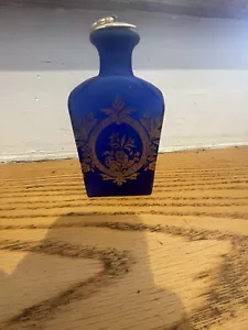 Vintage MCM Gold Etched Cobalt Blue Glass Bottle Cork Decanter Wow Unique - Picture 1 of 10