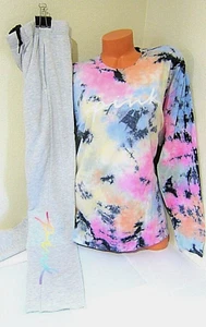 LOT Victoria Secret Pink TIE DYE OMBRE RAINBOW TEE SHIRT BOYFRIEND PANT L XL SET - Picture 1 of 12