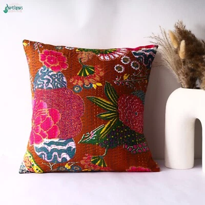 Indian Kantha Fruit Print Cushion Cover Ethnic Indian Hand Stitched Pillows - Image 1 of 4