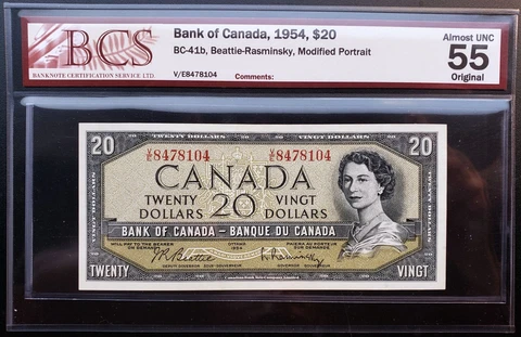 1954 Bank of Canada $20 Beattie/Rasminsky Signature V/E8478104 BCS AU55 BC-41b Cover