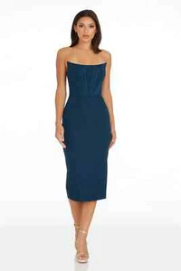 Dress the Population Corset Strapless Midi Dress Women's L Peacock Blue Back Zip - Picture 1 of 16
