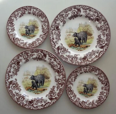 SET of 4 Plates Spode Woodland 2 Dinner + 2 Salad Bear Thanksgiving Fall Forest - Image 1 of 4