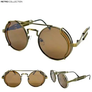 Men Classic RETRO Style STEAMPUNK Cyber SUNGLASSES Round Bronze Frame Brown Lens - Picture 1 of 7