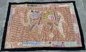 Vintage Handmade French Patchwork Elephant Tapestry Wall Hanging Décor 155x105cm - Picture 1 of 12