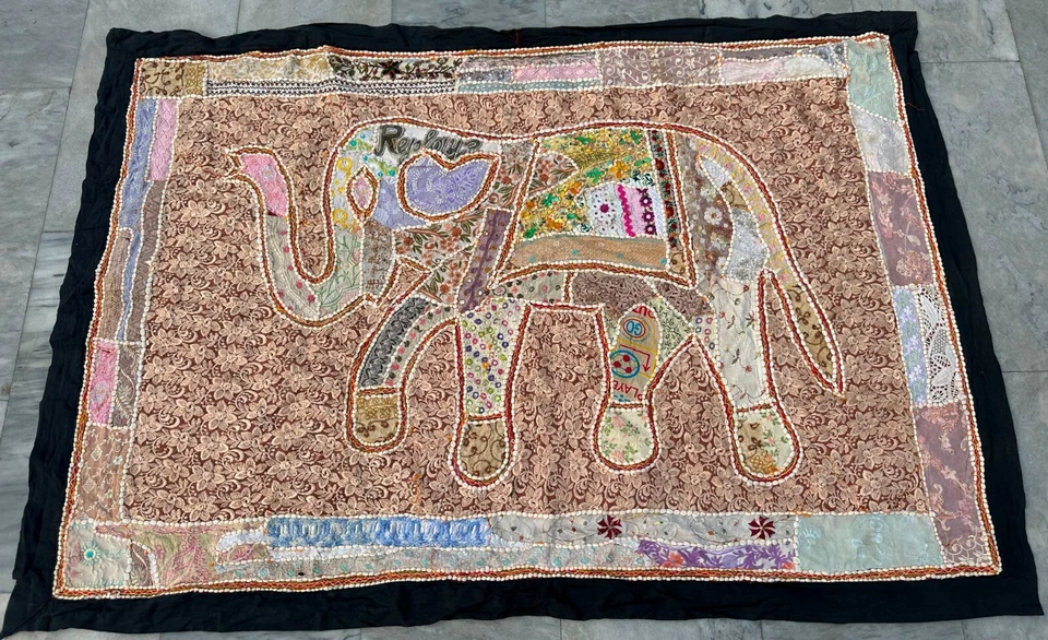 Vintage Handmade French Patchwork Elephant Tapestry Wall Hanging Décor 155x105cm - Image 1 of 4