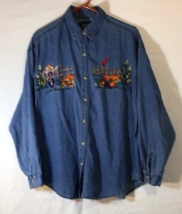 Solutions Camicia Donna Originale Chambray con Bottoni Blu Grande Ricamata Autunno - Foto 1 di 8