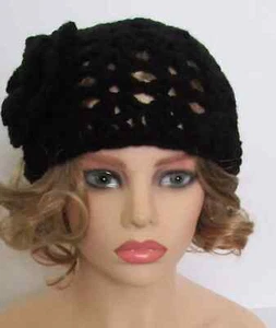 CLASSIC BEANIE HAT CAP OPEN WEAVE BLACK ACRYLIC HAND MADE CROCHET - Picture 1 of 5