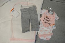 Baby Girls 7 PC GIFT SET Shirt Pants Bib Hat PRINCESS CROWN Pink Gray 3-6 MO 