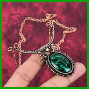 Oval Malachite Stone Copper Wire Wrapped Art Deco Wedding Chain Necklace Jewelry - Picture 1 of 6