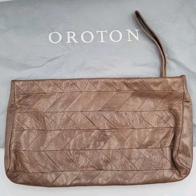 OROTON Brown Leather Geometric Patchwork Large Wristlet Clutch Handbag Dust Bag - Image 1 of 4