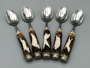 Anton Wingen 5x kleine Löffel Jagdbesteck Hirschhorn Solingen Kaffeelöffel Horn - Bild 1 von 6