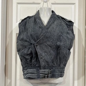 Vintage 80s Sasson Acid Wash Denim Vest Buckles Thriller Inspired Asymmetrical - Picture 1 of 11