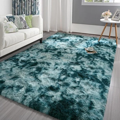 Fluffy Tie-Dye Peacock Blue Rug for Bedroom Living Room, 4x6 Feet Super Soft ... - Image 1 of 4