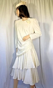 Vintage Ivory Tee Länge 80er Brautkleid Brautkleid Langarm Noel Wells 12 - Bild 1 von 14