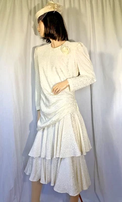 vintage Ivory tea length 80s bridal gown Wedding Dress long sleeve Noel Wells 12 - Image 1 of 4