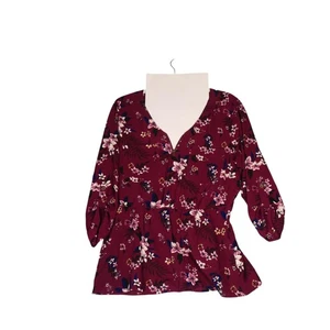 Blusa Maurices Mujer Mediana Borgoña Floral Detalle Cremallera Mangas con Pestaña Enrollable - Imagen 1 de 14