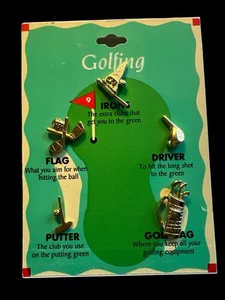Vintage Golf Pin Set 5 Pinbacks Skatter Pins Original Card Gold Tone Lapel Pins - Picture 1 of 6