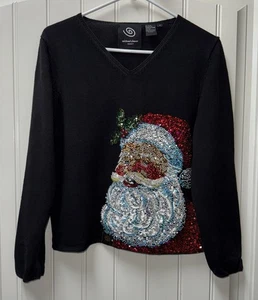 VINTAGE MEDIUM MICHAEL SIMON ABEND SCHWERER PAILLETTEN PERLEN WEIHNACHTSMANN WEIHNACHTEN PULLOVER - Bild 1 von 3
