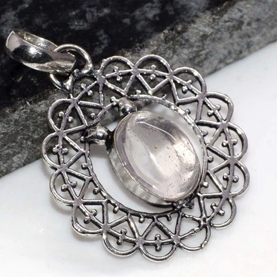 925 Silver Plated Flower Rose Quartz Pendant Handmade Gemstone 2.1" JW - Image 1 of 3