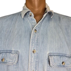 LL Bean Vintage Work Shirt XL Blue Denim Button Up Flannel Lined Fade Distress - Picture 1 of 6
