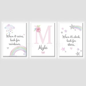 Girls Rainbow Star Personalised PRINTS ONLY A4 Nursery Room Pink Girly - Picture 1 of 2