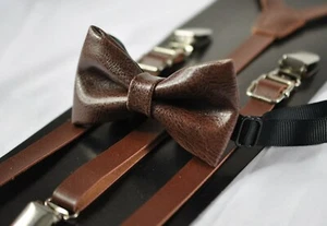 Dark Brown Coffee Faux Leather Bow tie + Brown Suspenders Braces for all ages - Picture 1 of 8