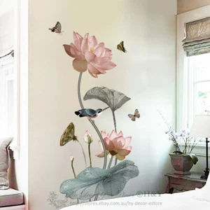Lotus Flower Butterflies Wall Stickers Vinyl Decal Home Nursery Decor Art Mural - Picture 1 of 4