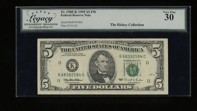 DBR 1995 $5 FRN Dallas Fr. 1985-K Legacy 30 Serial K68392584C - Image 1 of 2
