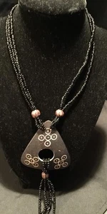 Black and Brown Beaded Wooden Pendant Seeds Button Clasp Artsy 15" - Picture 1 of 6