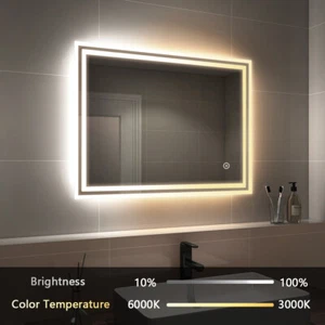 LED Bathroom Mirror Illuminated White/Warm Light Touch Switch Dimmable Demister - Picture 1 of 13