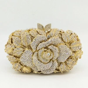 Pochette da sera strass cristallo sera matrimonio fiore rosa oro argento - Foto 1 di 23