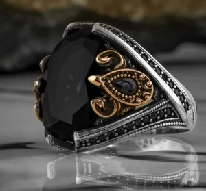 Black Zircon Natural Stone 925 Sterling Silver Men's Ring Turkish Handmade Ring. - Picture 1 of 2