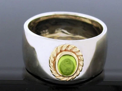 Genuine 925 Solid Silver & 9ct Yellow Gold NATURAL Peridot Rope Band Ring - Image 1 of 3