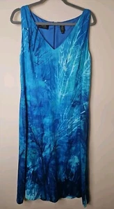 Dana Buchman Dress Women 14 Blue Linen Tropical Print Lined Resort Black Label - Picture 1 of 14