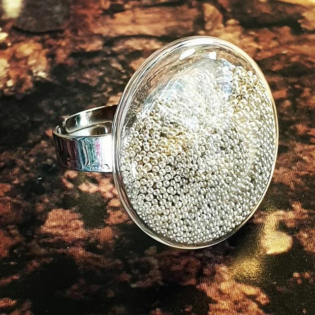 Unique SILVER BEADS SHAKER RING adjustable STATEMENT globe GLASS handmade DOME - Image 1 of 1