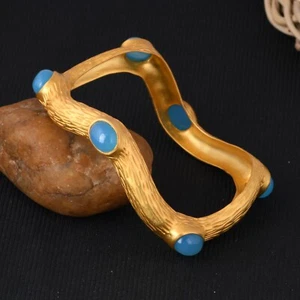 Linear Texture Wave Bangles Gold Plated Handmade Multi Blue Chalcedony Bracelet - Picture 1 of 8