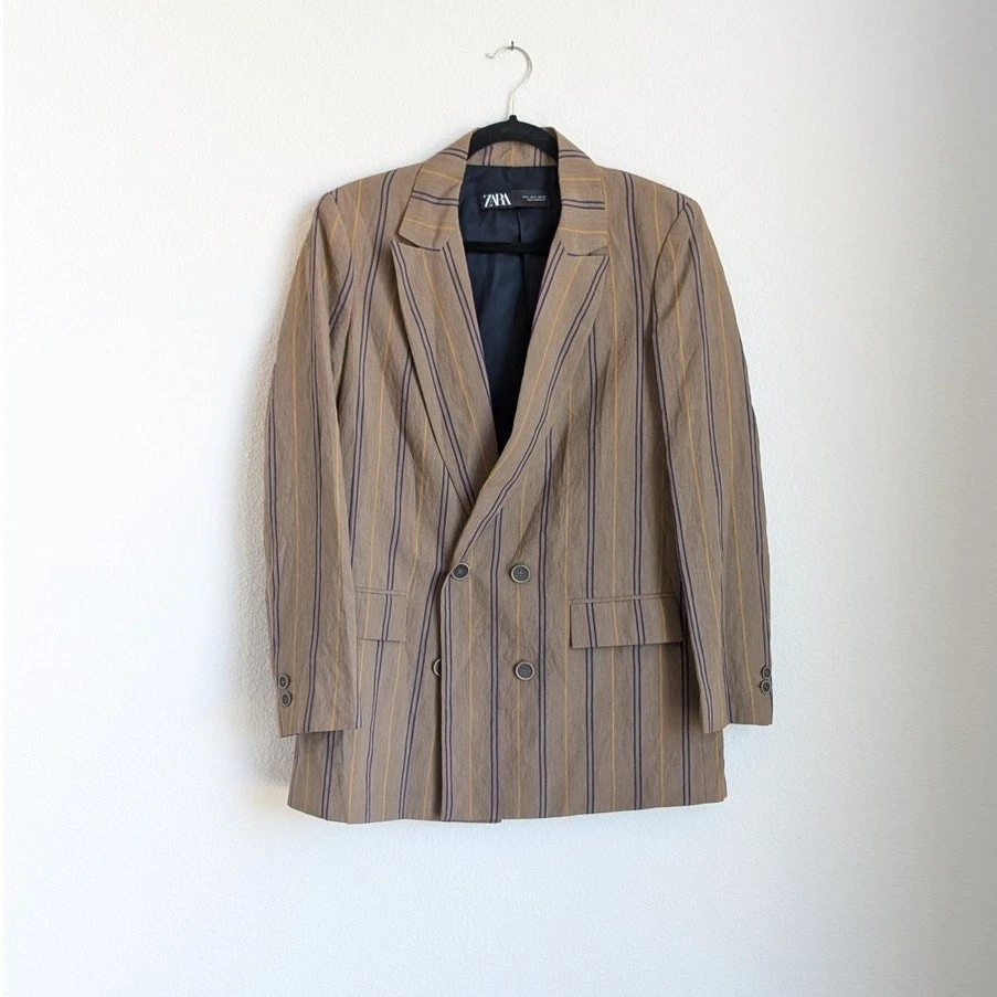 NWOT Zara Brown Striped Oversized Double-breasted Blazer, size S - Image 1 of 4