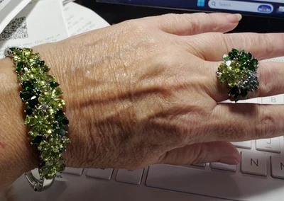 Platinum over Sterling Silver and Peridot 7-8" Bracelet w/Matching Ring Size 9 - Image 1 of 4