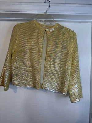 Cardigã vintage amarelo lantejoulas iridescentes manga 3/4 P M - Imagem 1 de 4
