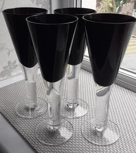 4 Black Wine Glasses With Clear Stem Rounded Heavy Hand Blown - Picture 1 of 2