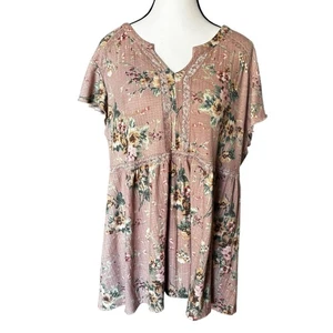 Torrid Blouse Womens Size L/XL Lavender Floral Lace Trim Flutter Sleeve Babydoll - Picture 1 of 10