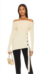 Revolve Camila Coelho Ribbed Off Shoulder Fitted Top Y2K XS Cream Ivory      Dd - Picture 1 of 9