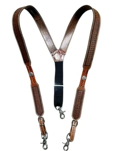 Nocona bretelle in pelle lavorate a mano western tessuto cesto marrone uomo taglia L - Foto 1 di 12