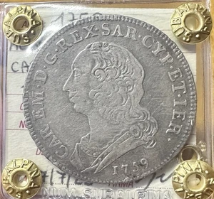 Coin Kingdom of Sardinia Carlo Emanuele III 1/2 Shield 3 Livres 1759 Rare Qbb - Imagen 1 de 3